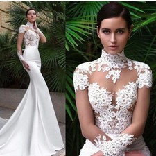 Elegant Satin Mermaid Wedding Dresses Long Sleeves Lace Appliques Bridal Gowns