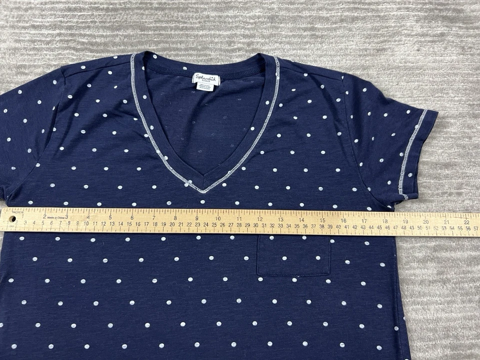 Espléndido Top Mujer Pequeño Azul Blanco Lunares Manga Corta Bolsillo Mezcla Algodón Foto 4 de 4