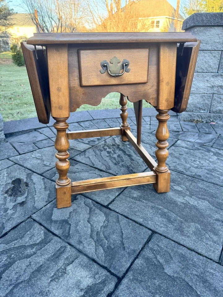 Vintage Ethan Allen Nutmeg Maple Drop Leaf Table with Drawer L34.5xW27xH24.5” - Image 2 of 4