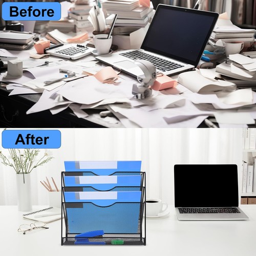 4-Tier Mesh Wall File Organizer Black with Label Hooks Office Magazine Rack - Picture 4 of 7