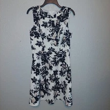 AB Studio Black White Floral Print Fit-and-Flare Dress Pockets Size 8