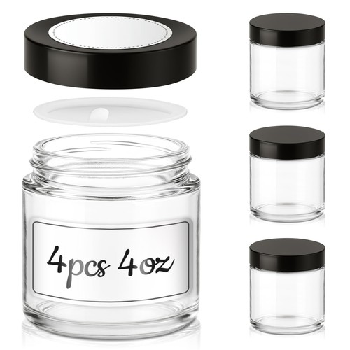 4 oz Glass Jars with Lids, 4 Pack Clear Small 4oz, Clear-Black lids - Picture 1 of 7