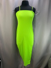 Boohoo Ribbed Bodycon Dress Womens 8 Neon Green Spaghetti Strap Party Cocktail