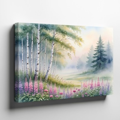 Serene Forest Landscape Canvas Wall Art with Birch Trees and Flower Meadow Print