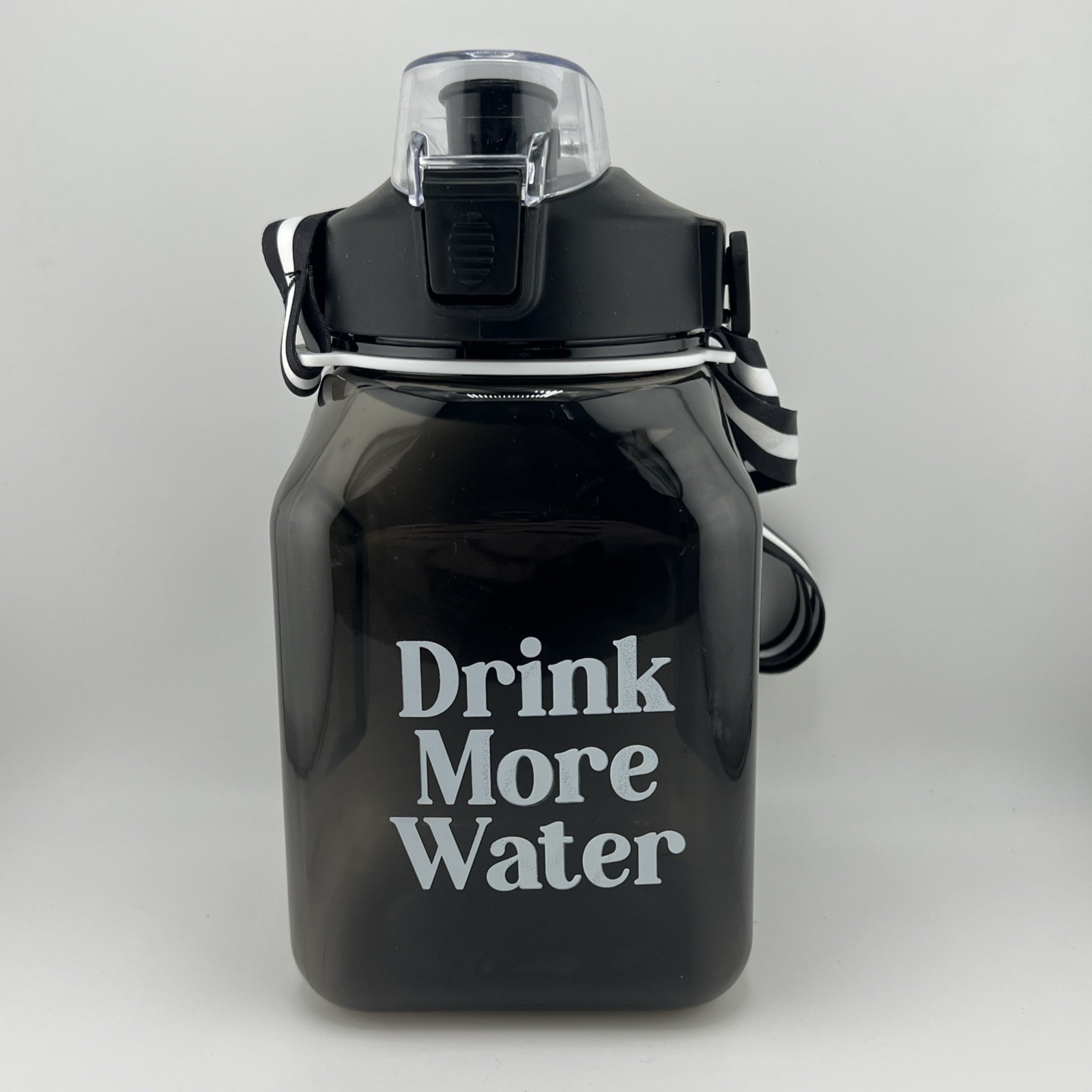 Black "Drink More Water" Flip-top Water Bottle, NEW 