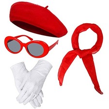 Women Girls French Themed Party Beret Hat Chiffon Scarf Gloves Average Red