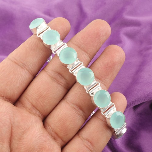 925 Silver Throat Chakra Aqua Chalcedony Stone Chain Elegant Bracelet Jewelry - Picture 1 of 6