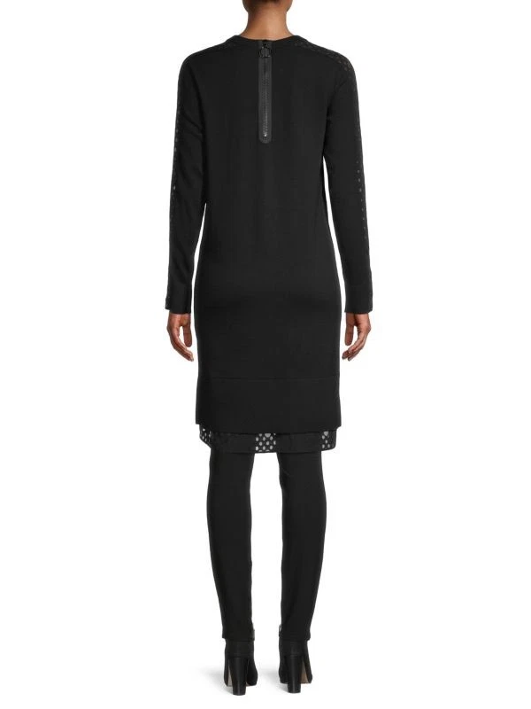 Vestido AKRIS Punto 100% Lana Pequeño Negro Talla 14 Manga Larga, Diseño Corte Láser Usado en Excelente Condición Foto 3 de 4