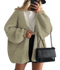 PRETTYGARDEN Womens Oversized Lantern Sleeve Knit Cardigan Mist Green, Medium
