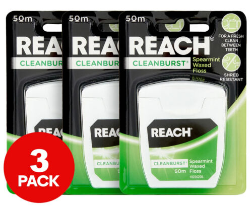 3x 50m Reach Cleanburst Waxed Dental Floss Spearmint Oral Care Teeth Flossers - Picture 1 of 3