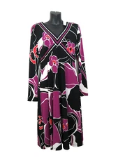 Trina Turk sz 4 Linda Mod Print Purple A-Line Long Sleeve Knit Dress V Neck NEW