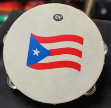 Tambourine/Pandereta-8” With Head And Double Row Of Jingles, Puerto Rico Flag.