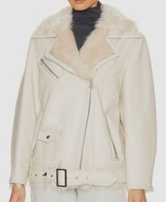 $875 Stand Studio Women's Ivory Carrie Faux Shearling Biker Jacket Coat Size 34