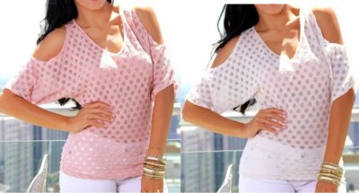 Sheer/Semi Mesh Dot Cut-Out Open Cold Shoulders Half Sleeve Lace Blouse Top