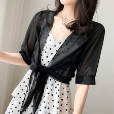 Lady Chiffon Blouse Shrug Bolero Cropped Cardigan Wrap Tie-front Thin Summer