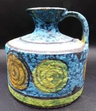 Beautiful Vintage Stoneware / Clay Jug Handmade in Italy Vivid Swirls Green Blue