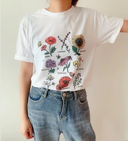 MZEAZRK Women's Vintage Bloom Flower Shirt - Rainbow Hippie Graphic Tee, Loose Fit Short Sleeve Top, Cotton Blend, Grey