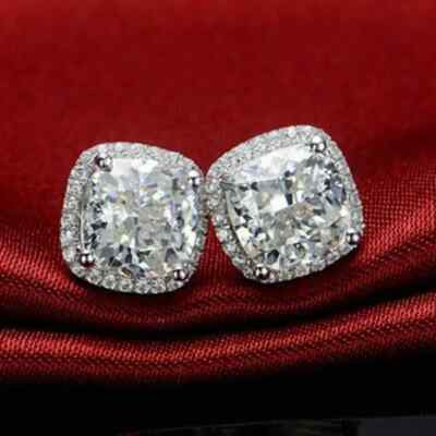 4Ct Cushion Cut Lab Created Diamond Stud Earrings 14K White Gold Plated Silver