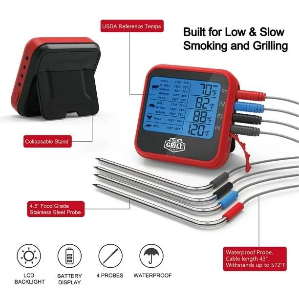 Expert Grill LCD Display Cooking Thermometer with 4 Temperature Probes