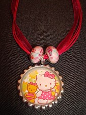 Pretty Pink Ribbon Cord Bottle Cap Charm Necklace Hello Kitty Cat  Teddy Bear