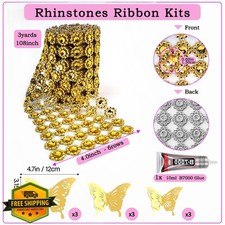 Yhsheen Gold Rhinestone Mesh Fabric 4"x3Yards Ribbon Roll Crafts