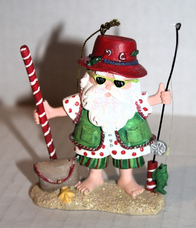 Colorful FISHERMAN SANTA Gone FISHING Xmas Spirit ORNAMENTS Claus w/FISH on POLE