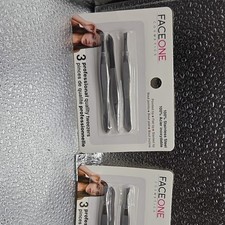 FACE ONE 3 Tweezers Set Stainless Steel Silver Portable Pointed Flat Slanted