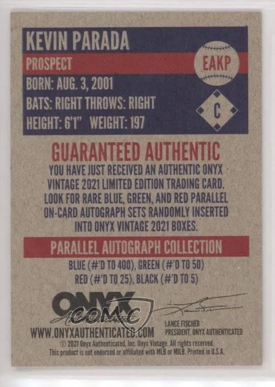 2021 Onyx Vintage Extended Blue Ink Auto /400 Kevin Parada #EAKP Auto - Image 2 of 2