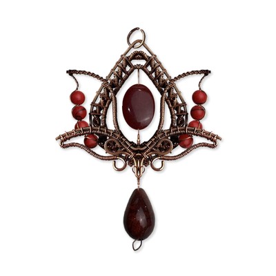 Filofly Handmade Red Jade Lotus Pendant Copper Rose Silver Wire Weaving and Wrap