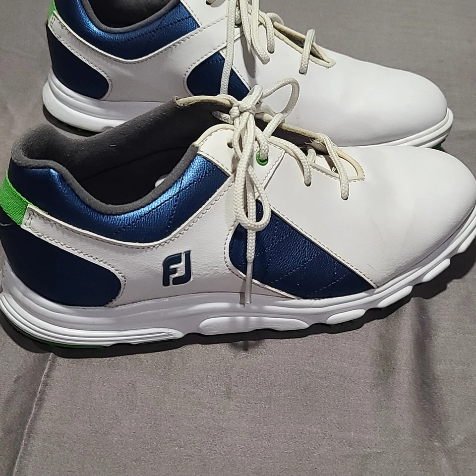 FootJoy Golf Shoes Size 5M White Blue Green Grip Youth Spikeless Comfort Cushion - Image 3 of 4