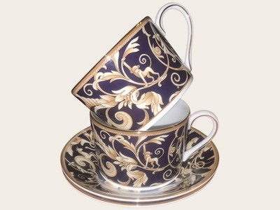 Wedgwood Cornucopia 2x Imperial Teetassen & Untertassen Trommelform unbenutzt top