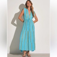 ELAN Blue Striped Maxi Dress Tie Waist Adjustable Coastal Beach Boho Size Medium