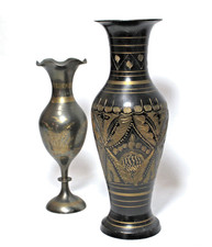 Vintage Black Brass Vases Etched Metal India Set 2