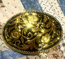 Gold Black Oval Engraved Floral Western Belt Buckle Metal Fits 1.5" Belt