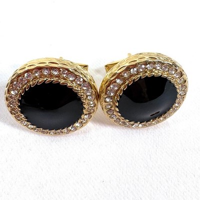 Vintage Cufflinks Black Gold Crystal Halo Hammered Toggle Back