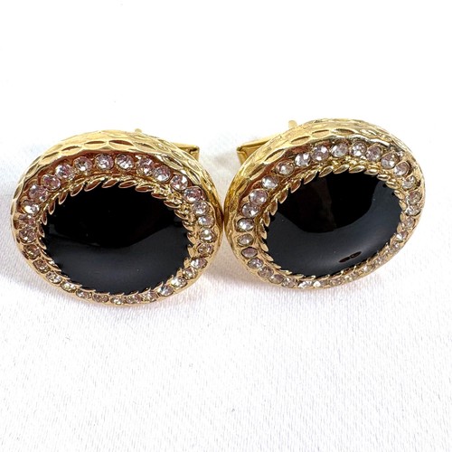 Vintage Cufflinks Black Gold Crystal Halo Hammered Toggle Back
