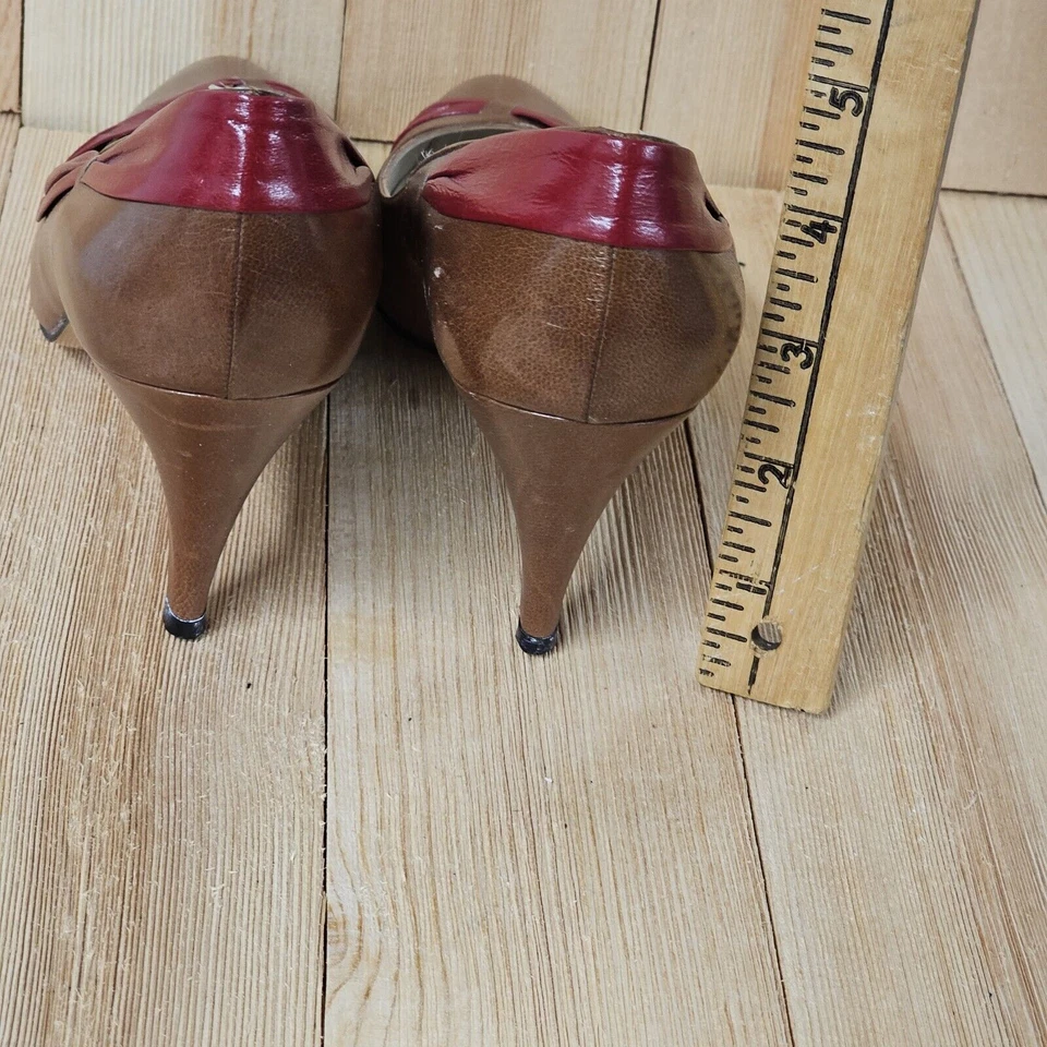 复古 Caressa 棕色红色泵 西班牙制造 尺寸 8.5M 办公室 职业警报器 — 第 4/4 张图片