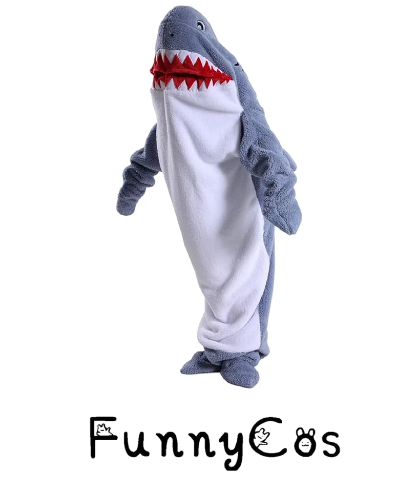 FUNNYCOS Wearable Blanket Pyjamas Loungewear Size XL One Piece Shark Hood Fancy Dress