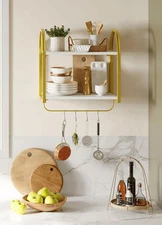 16 inch Floating Shelves Wall Shelf 2 Tier Storage with Towel Rack and Hooks.