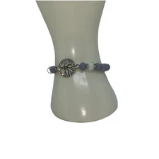 Blue & White Beaded Silver-Tone Tree of Life Pendant Rhinestone Stretch Bracelet