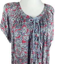 Chaps Red Blue Green Paisley Tie Neck Cap Sleeve Viscose Top Blouse 1X