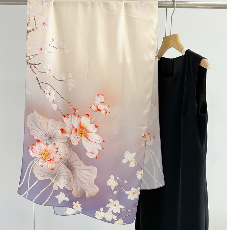 100% Pure Silk Mulberry Scarf 170x53cm Orange Floral Print Womens Wrap Neckerchief