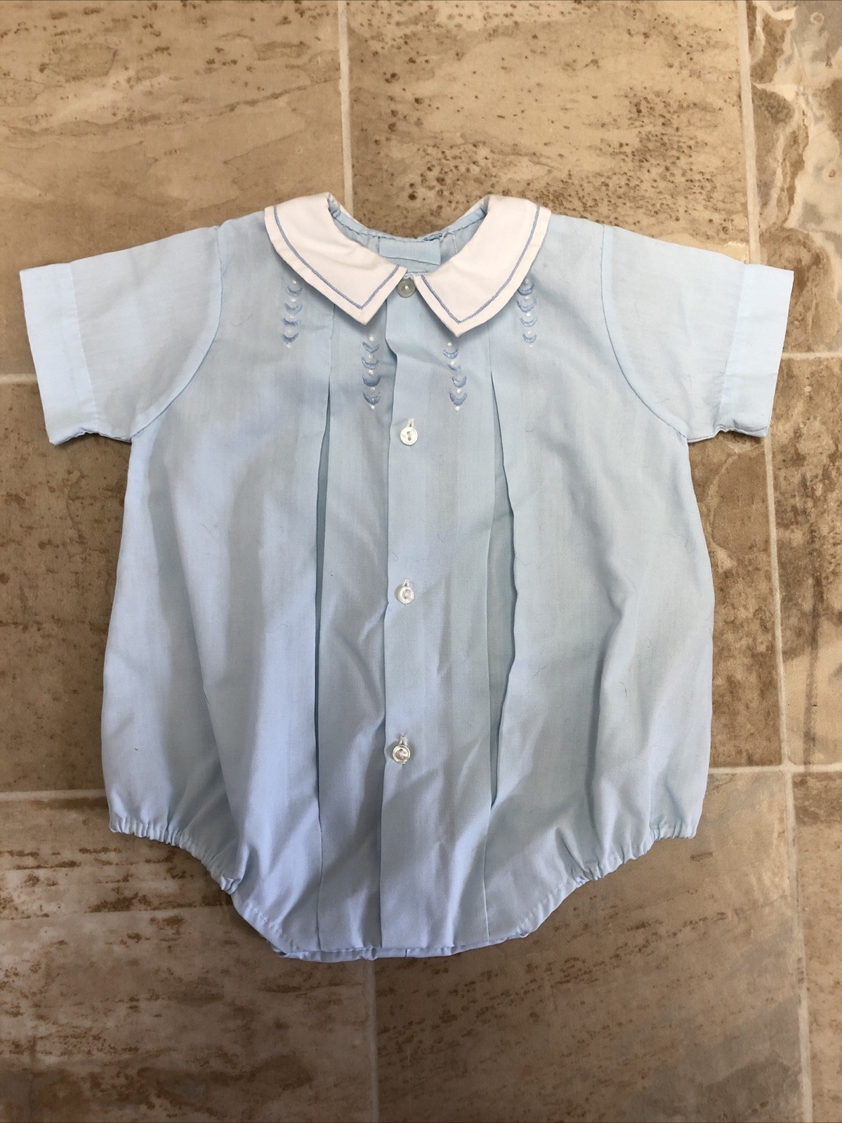 Baby Boys Vintage Blue and White Embroiderd Bubble Outfit Size 0-3 mon