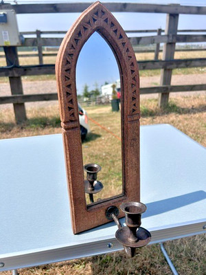 Vintage Gothic gewölbter Wandspiegel Holz geschnitzt Kerzenleuchter