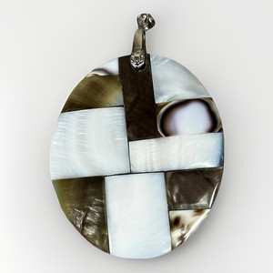 Authentic 18K White Gold Plated Mother of Pearl Mosaic Pendant Handcrafted Healing- 30.2g