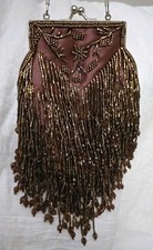 Lovely Brown/Mauve Silk Beaded Evening Bag With Removable Chain Strap, Kiss Lock