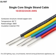 PVC Single Strand Core Cable Electronic Wire 18/20/22/24/26 AWG Many Colors 300V
