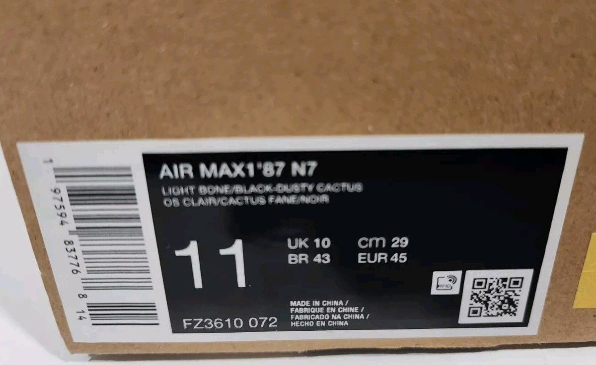 Nike Air Max 1 '87 N7 Light Bone Black Dust Cactus Men's 11 Nike Air Max 1 '87 N7 Light Bone Black Dust Cactus Men's 11