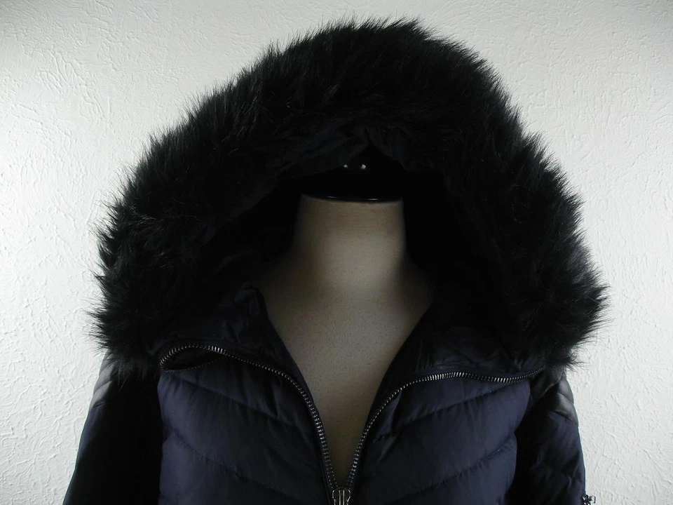 Womens 2X Michael Kors Navy Black Maxi Down Puffer Quilted Coat Faux Fur Leather - Image 2 of 4