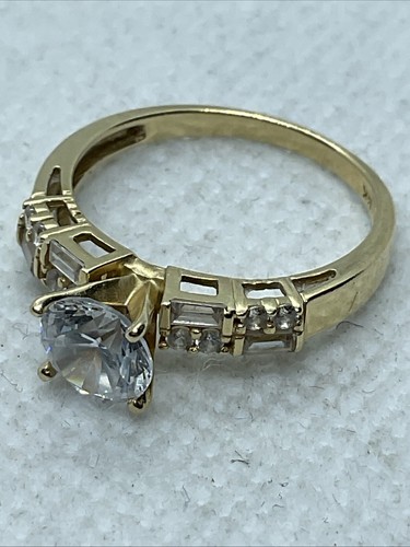 AWESOME Solid 14K Yellow Gold Solitaire Round & Accents White CZ Engagement Ring - Picture 10 of 24